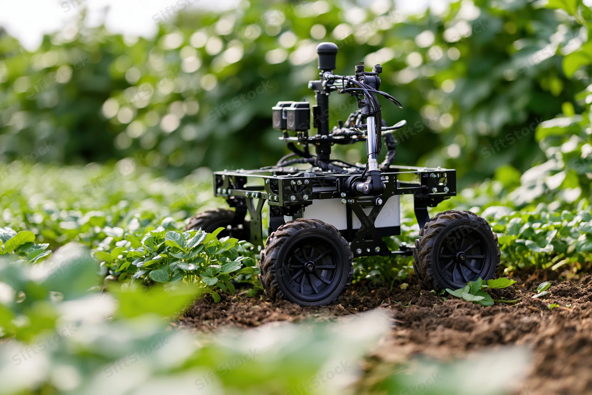 Autonomous agricultural robot navigating crop rows in a field with mounted sensors and wheels