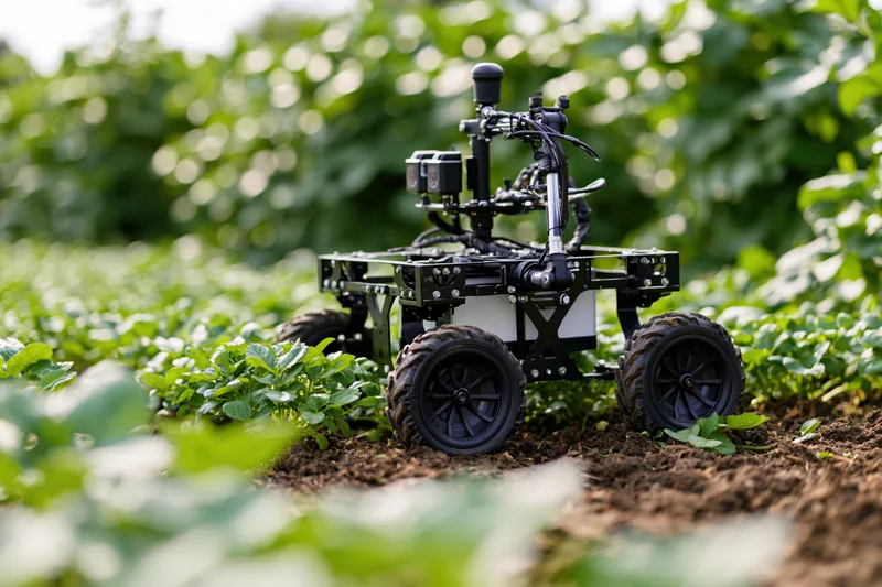 Autonomous agricultural robot navigating crop rows in a field with mounted sensors and wheels