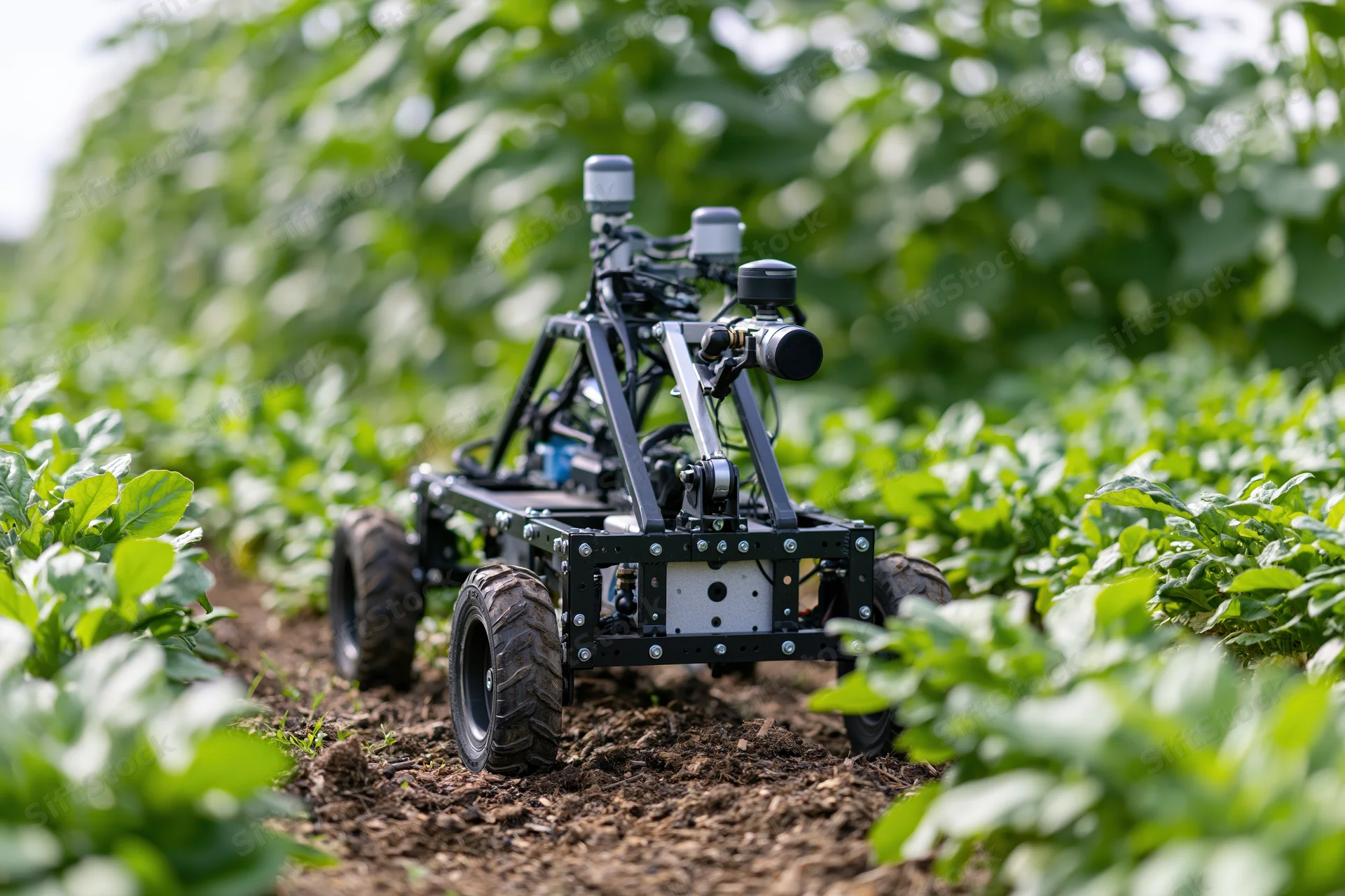 Autonomous agricultural robot navigating between rows of crops in a field