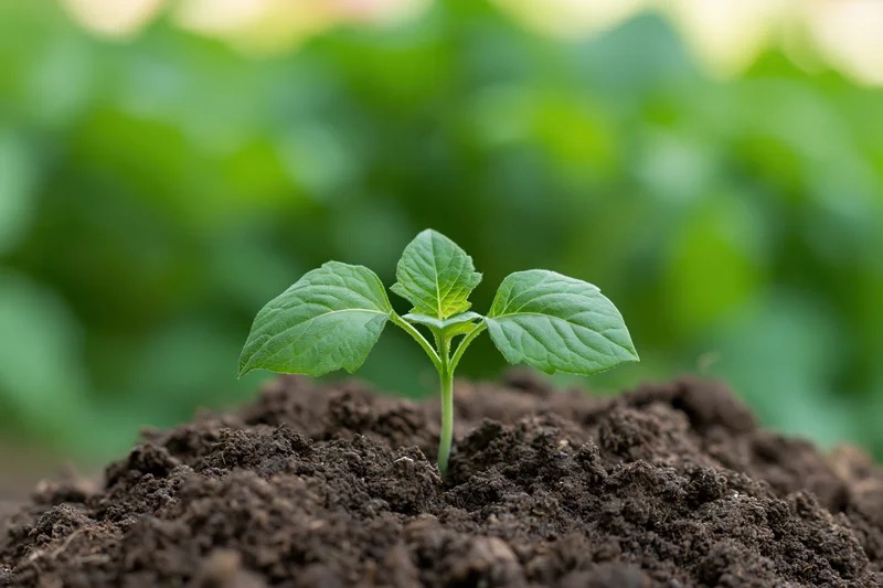 Small green seedling sprouting from dark rich soil in a garden close-up