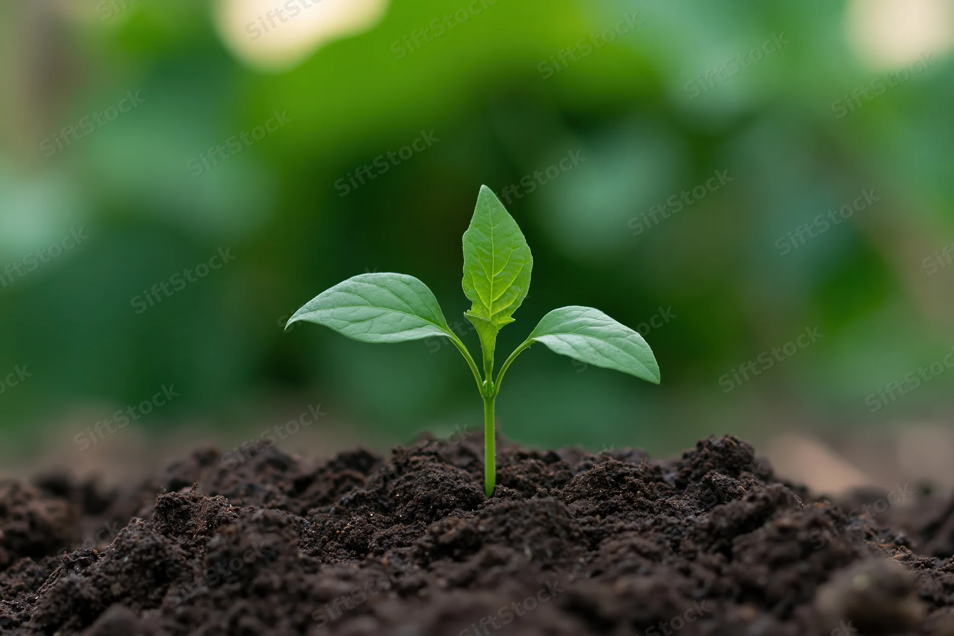 Small green seedling sprouting from dark rich soil close-up