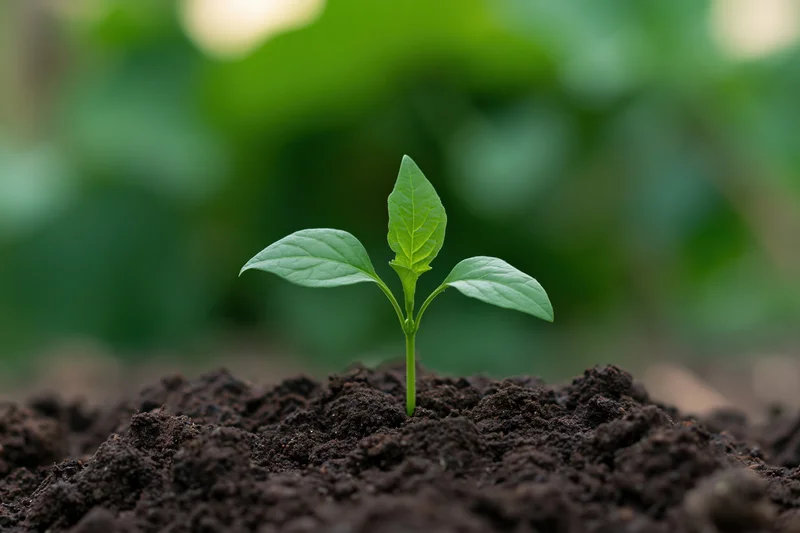 Small green seedling sprouting from dark rich soil close-up