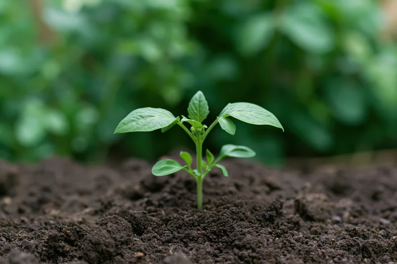 Small green seedling sprouting from dark rich soil in a garden bed close-up