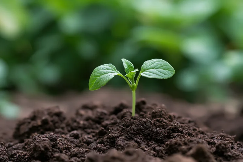 Small green seedling sprouting from dark rich soil close-up