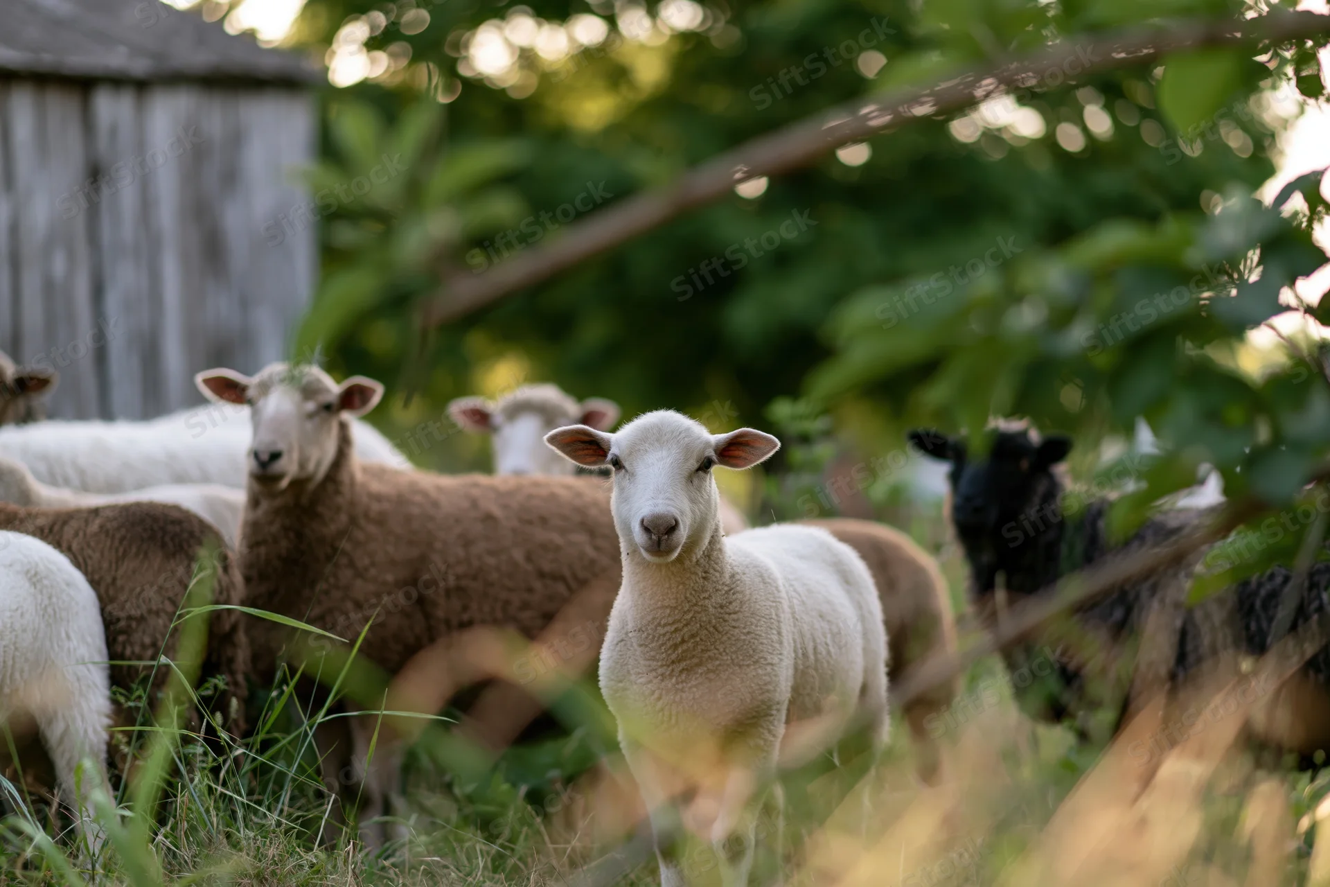 Small herd of mixed sheep standing in a farmyard pasture with green foliage in foreground