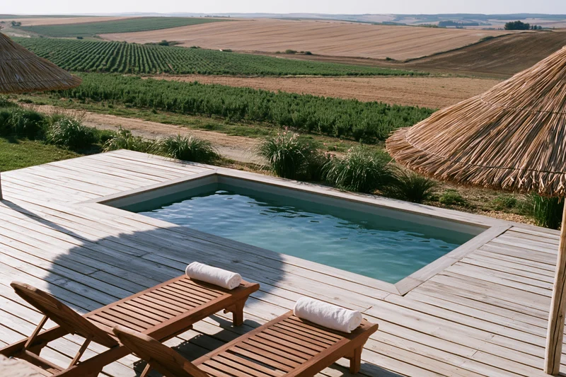 Small rectangular swimming pool set into a weathered wooden deck with lounge chairs and towels, overlooking a vineyard and farmland