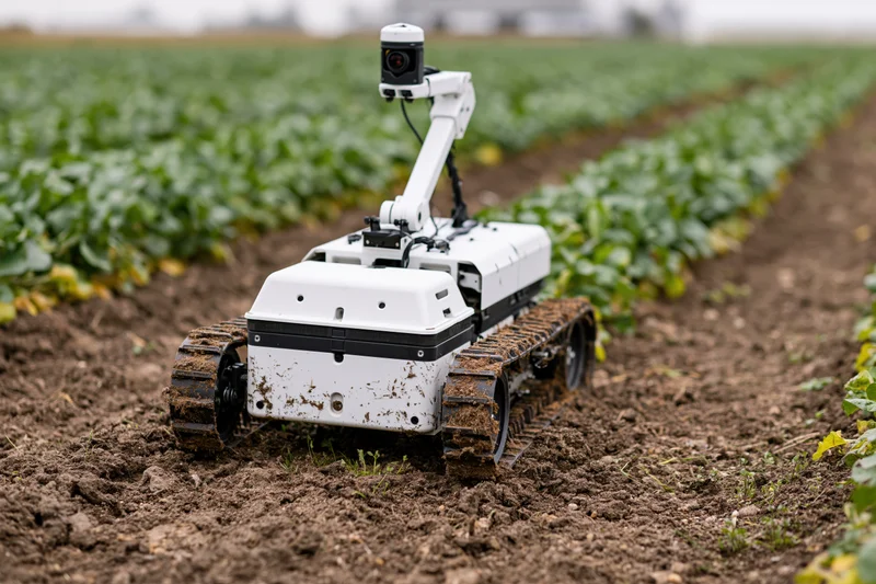 White tracked agricultural robot with mounted camera moving through crop rows in a field