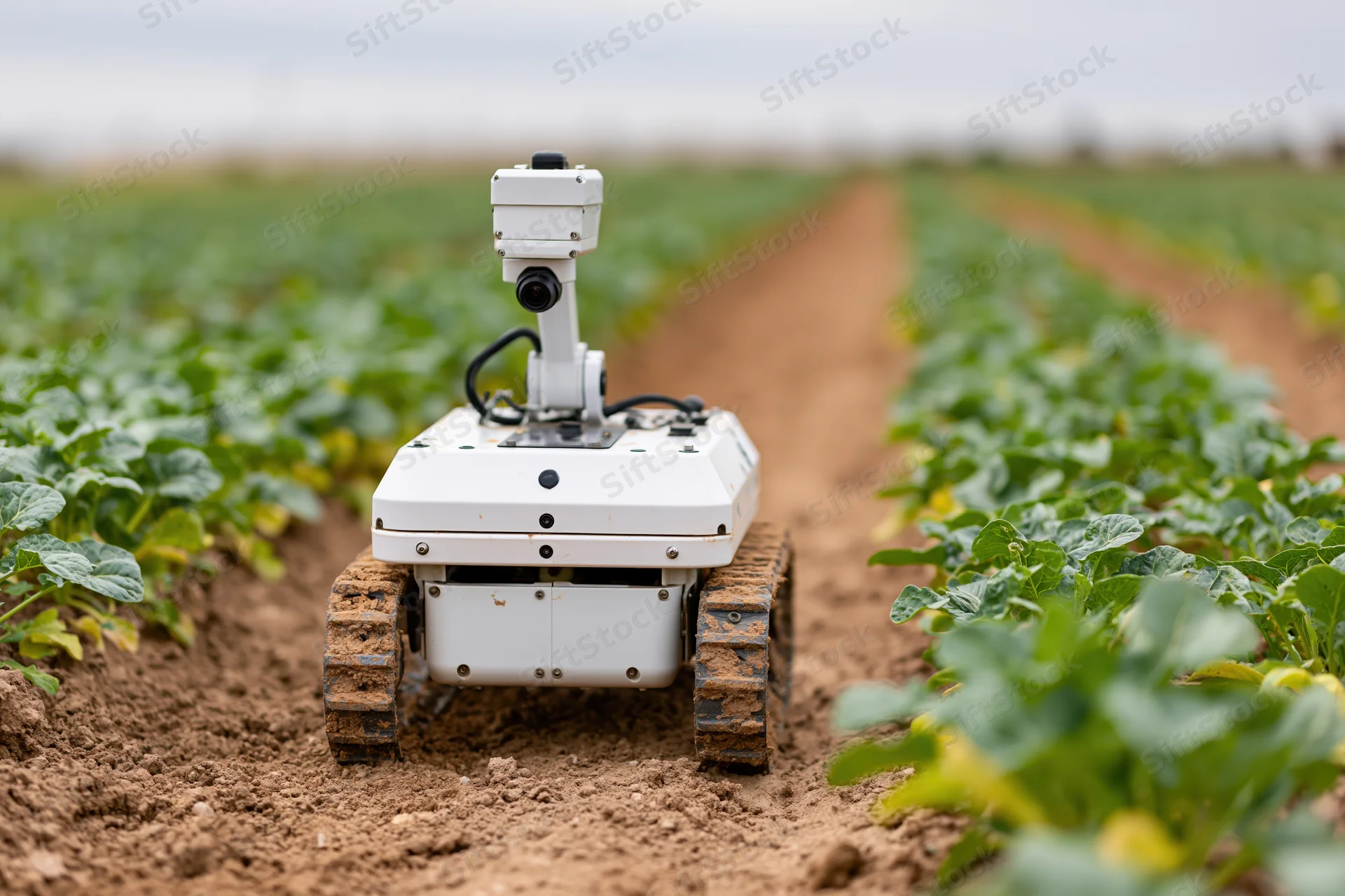 Small white tracked agricultural robot with mounted camera moving along crop rows in a field