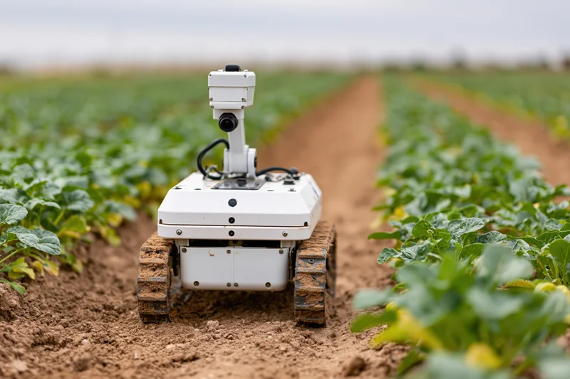 Small white tracked agricultural robot with mounted camera moving along crop rows in a field