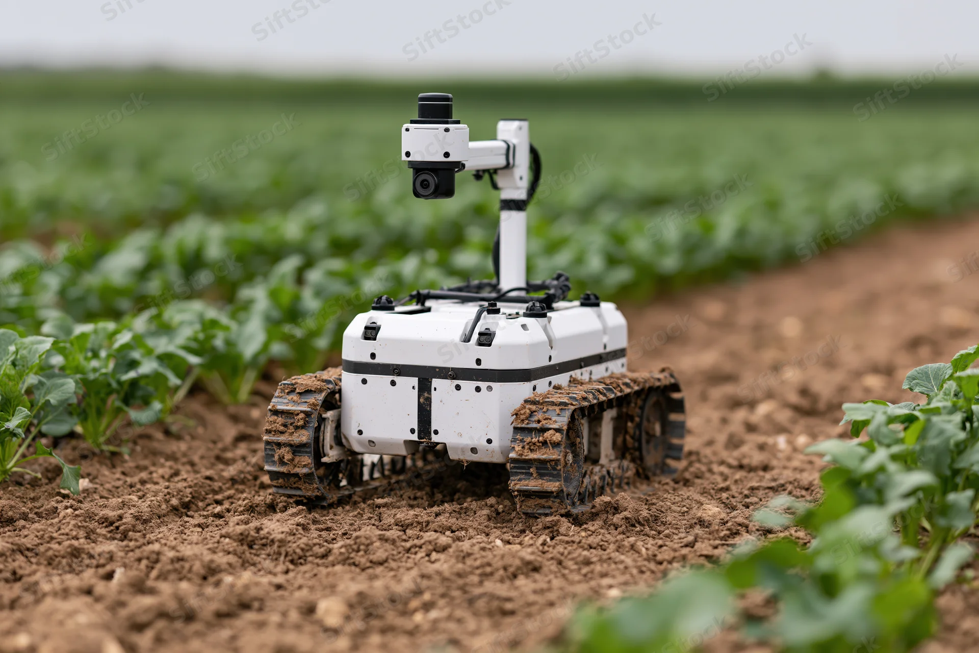White tracked agricultural robot with mounted camera navigating between rows of crops in a field