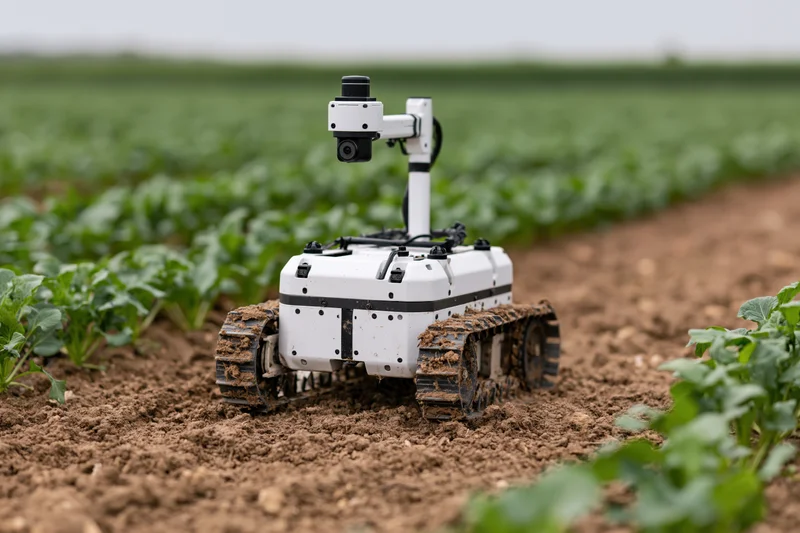 White tracked agricultural robot with mounted camera navigating between rows of crops in a field
