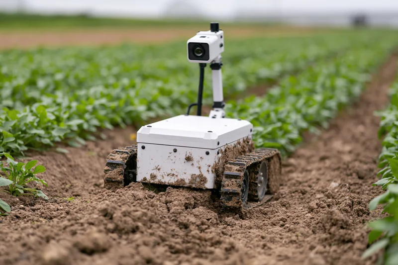 White tracked agricultural robot with mounted camera moving through rows of crops in a field