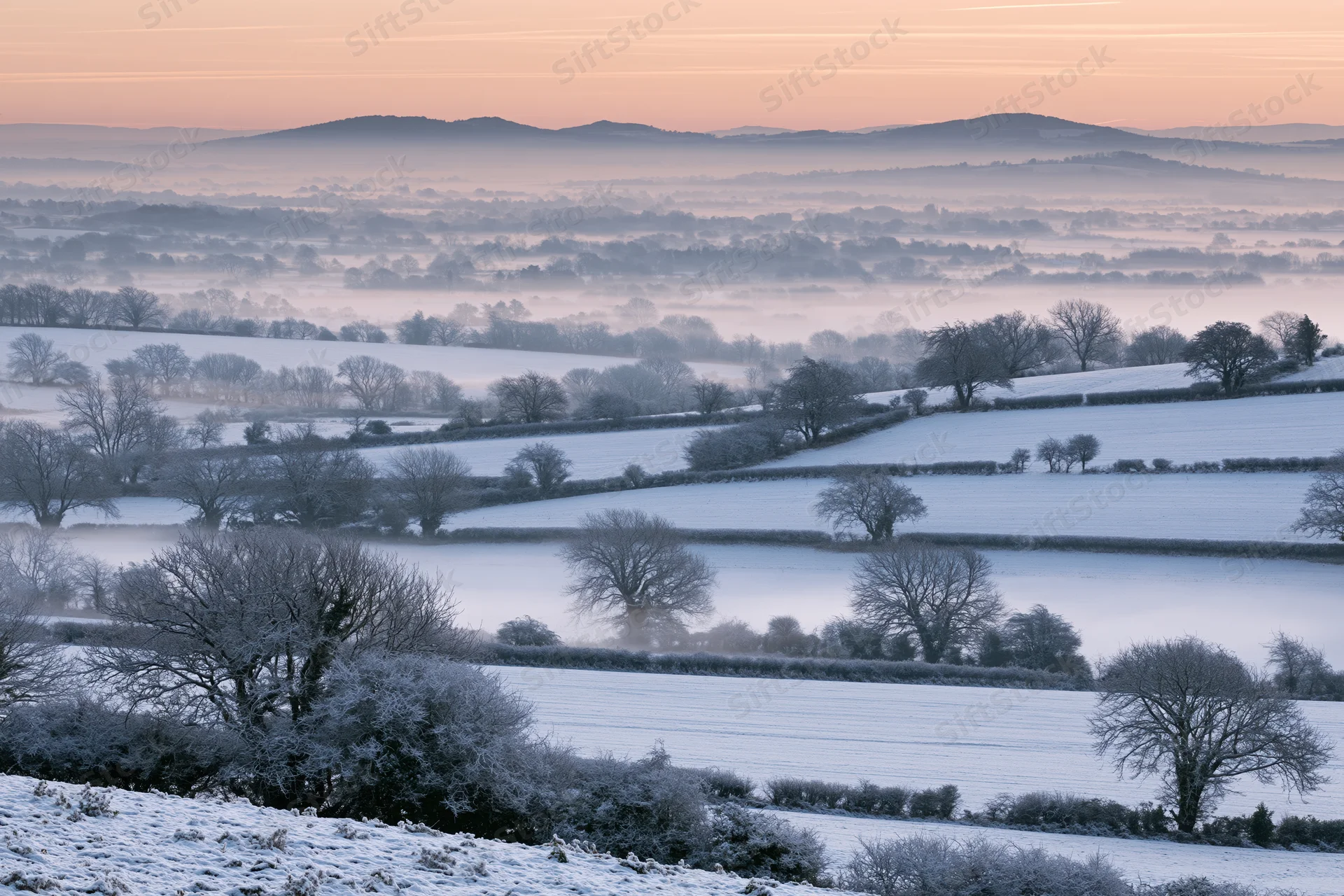 Snow-covered english countryside valley at dawn with rolling fields and bare trees under a misty sky