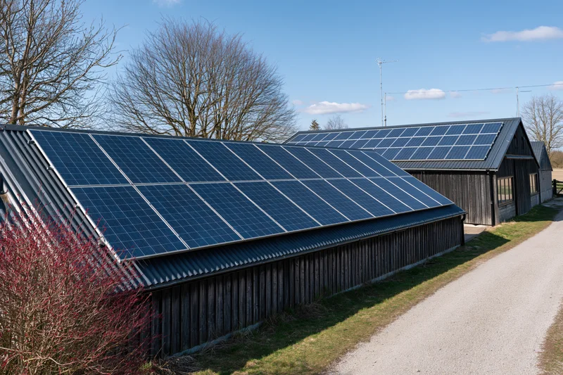 Solar panels covering sloped rooftops of rural farm buildings along a gravel path