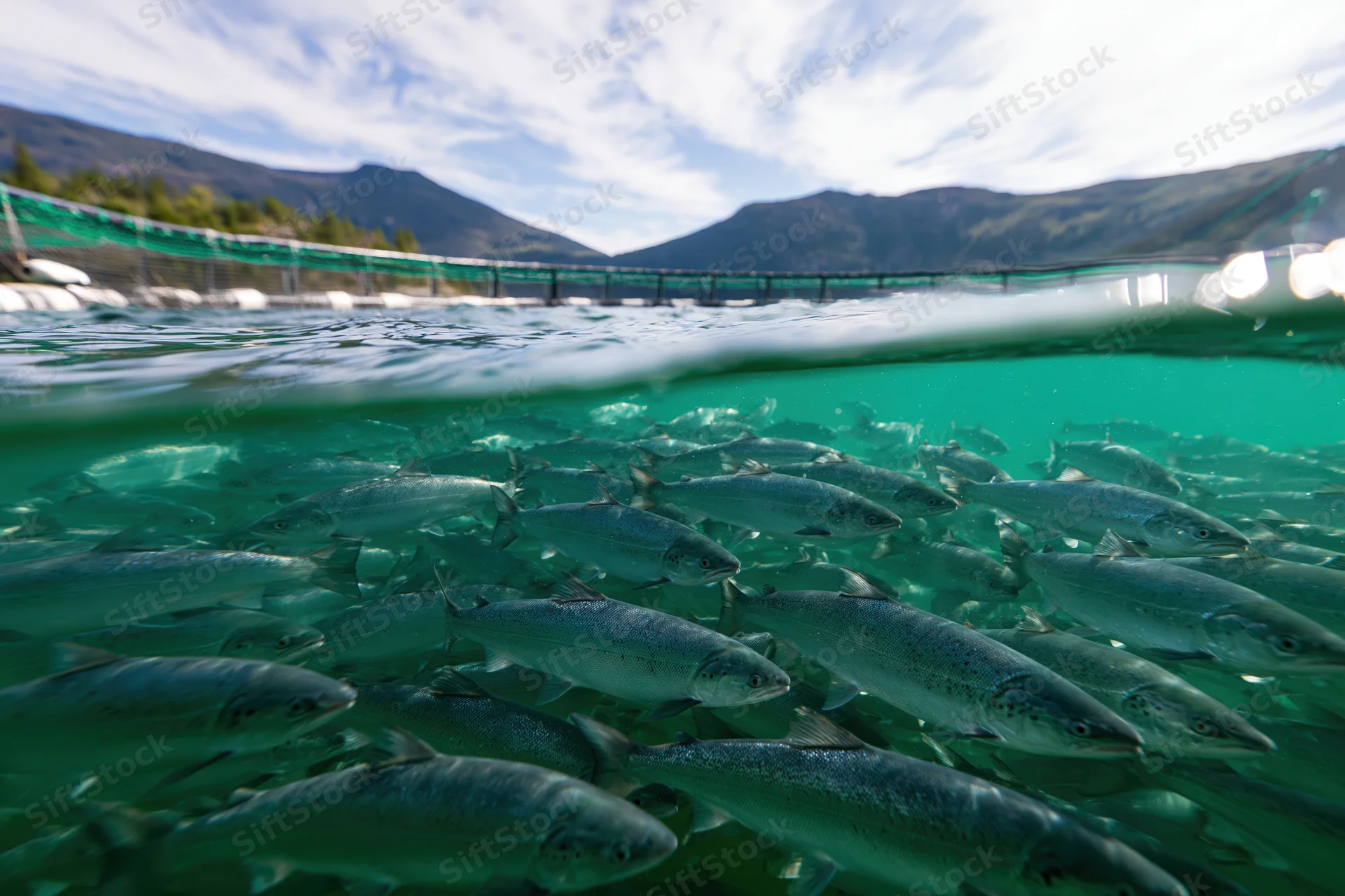 School of salmon swimming in an underwater net cage at a fish farm with mountains and sky visible above water