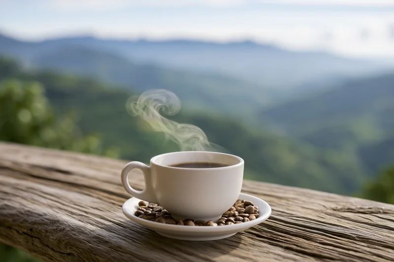 Steaming white ceramic coffee cup on saucer with beans on wooden railing overlooking mountain valley