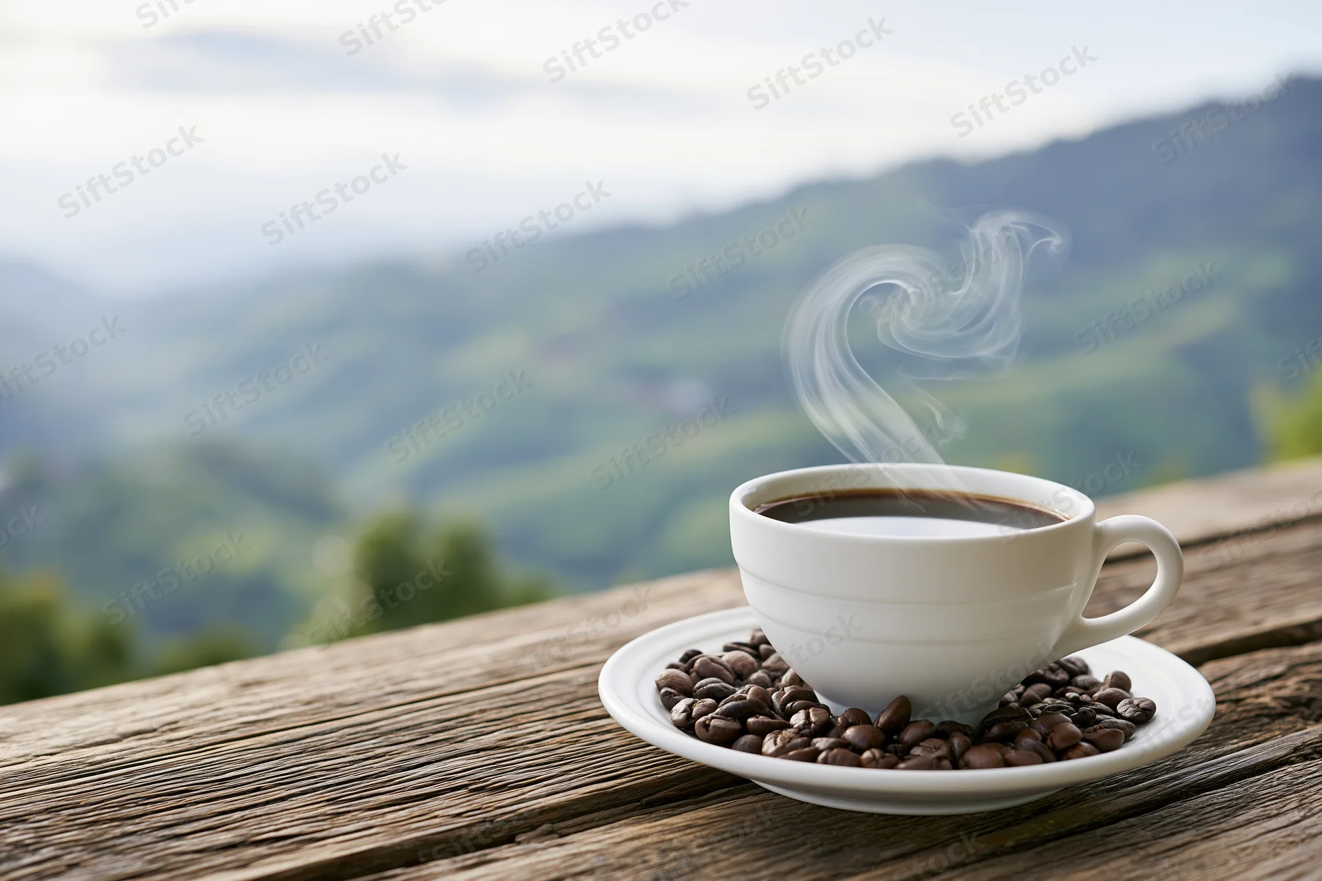 Steaming white ceramic coffee cup on saucer with beans on wooden table overlooking green mountains
