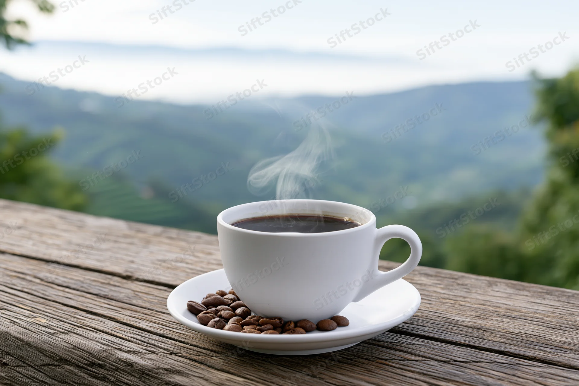 Steaming white ceramic coffee cup on saucer with roasted beans on wooden table overlooking green mountains