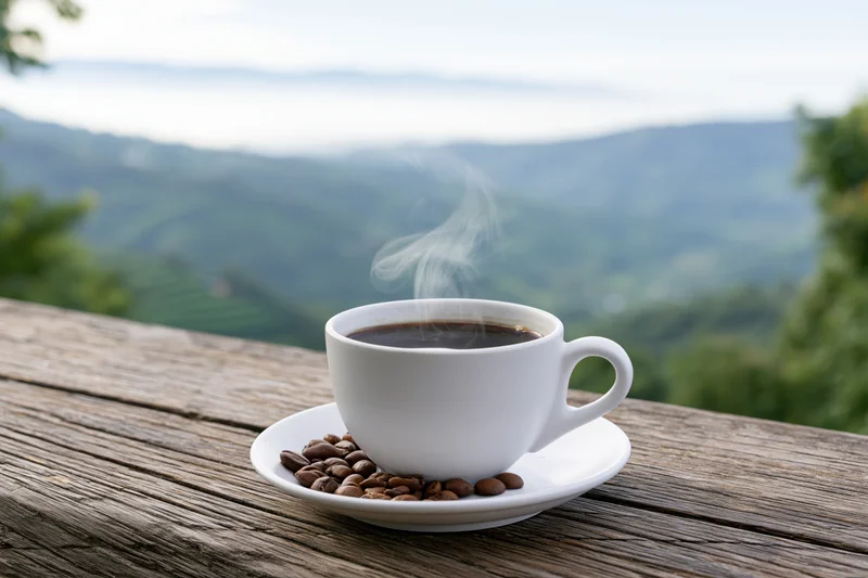 Steaming white ceramic coffee cup on saucer with roasted beans on wooden table overlooking green mountains