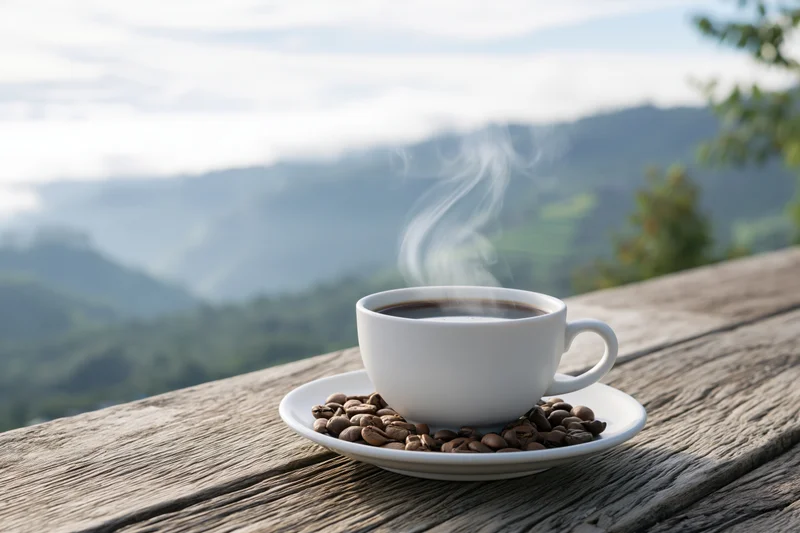 Steaming white ceramic coffee cup on saucer with beans on wooden table overlooking mountain valley