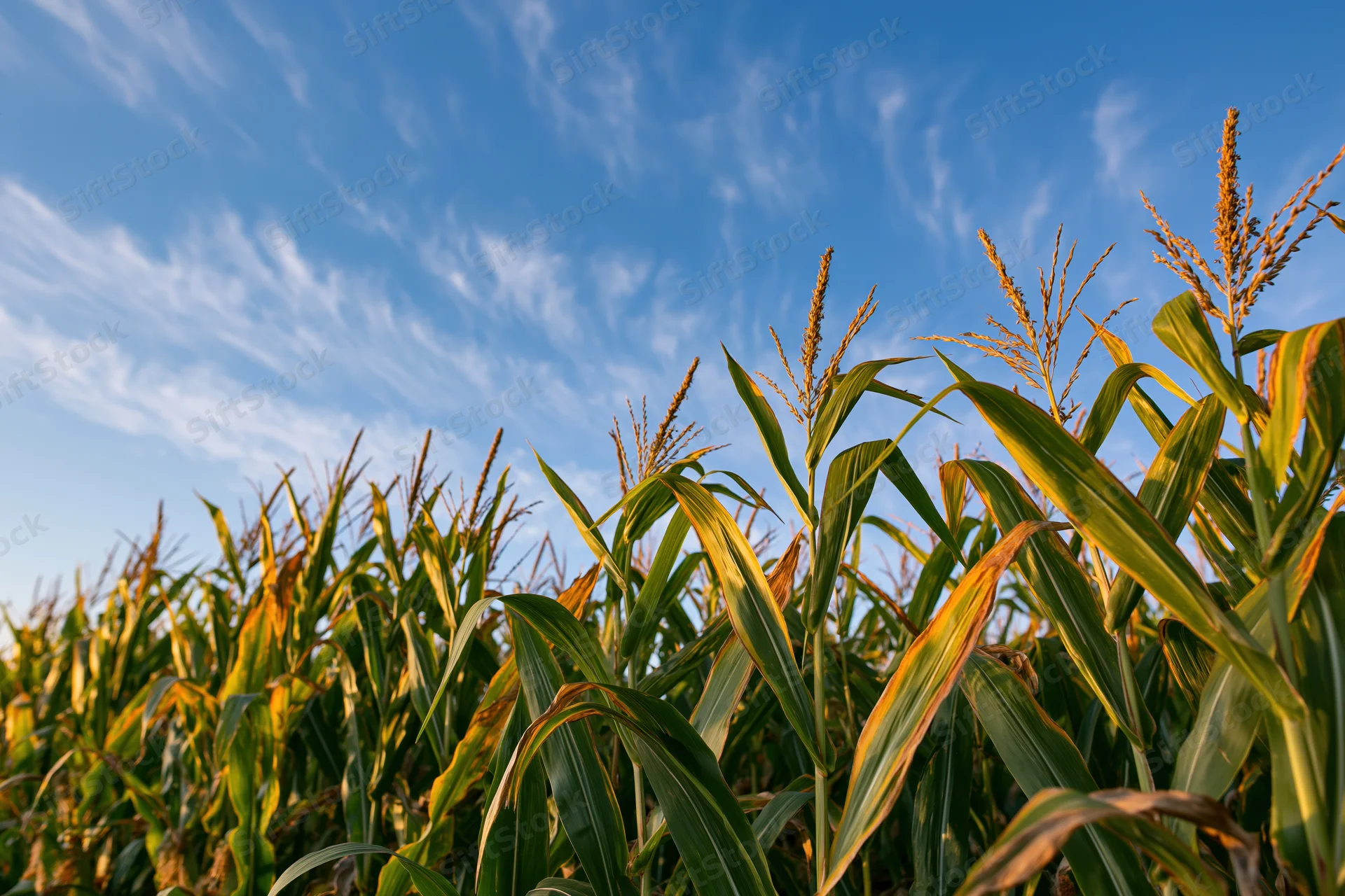 Tall corn stalks with tassels reaching upward in a field under a blue sky