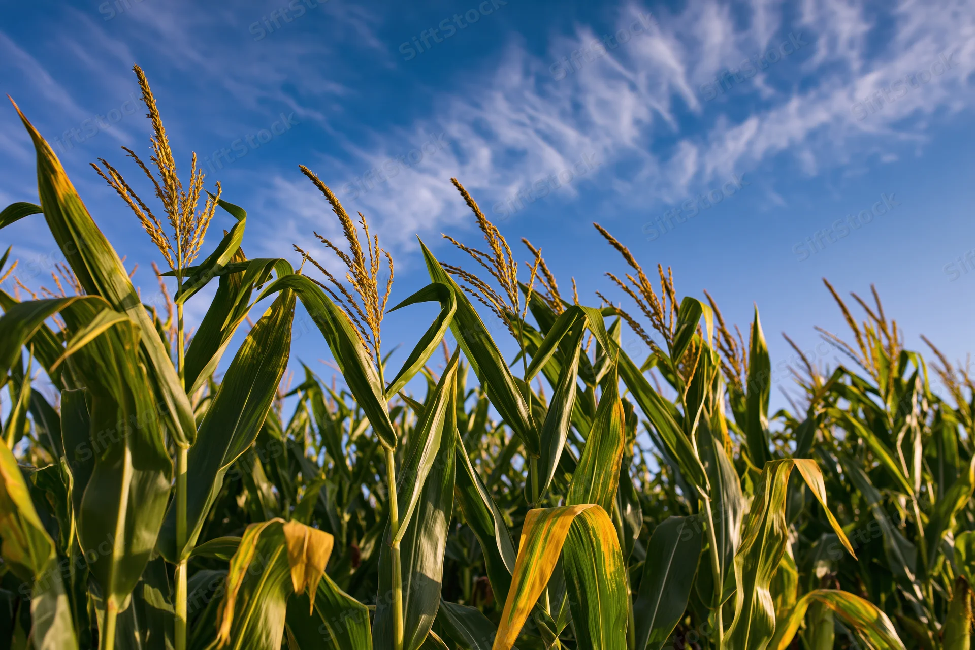 Tall corn stalks with tassels reaching upward in a field under a blue sky