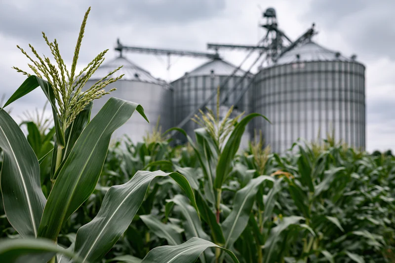 Tall green corn stalks growing in a field with large metal grain silos in the background