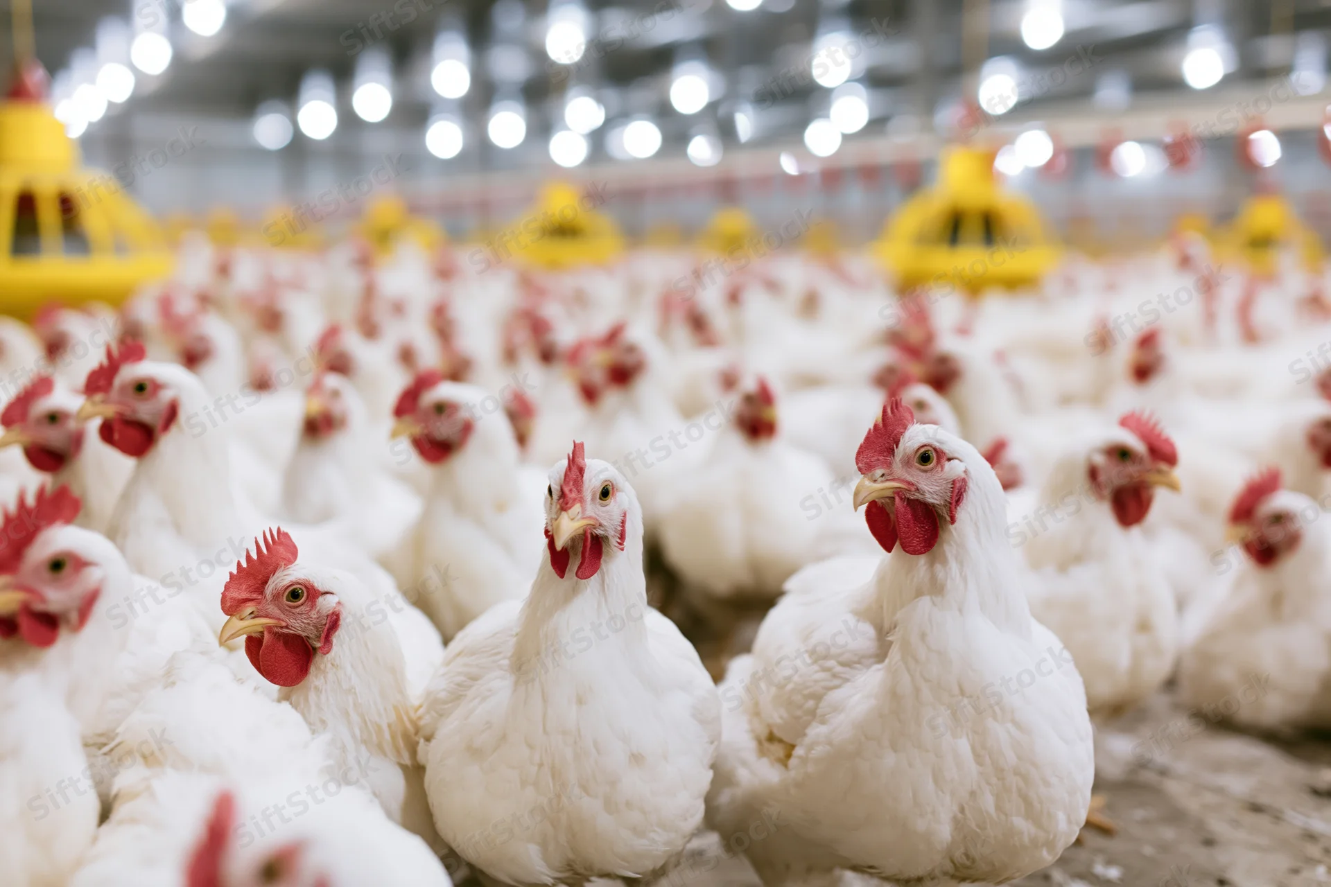 White broiler chickens densely packed in an indoor poultry farm with yellow feeders and artificial lighting