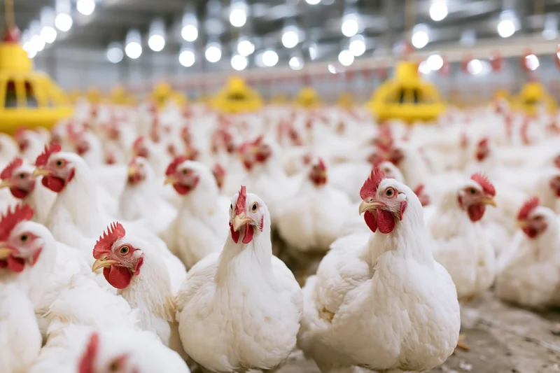 White broiler chickens densely packed in an indoor poultry farm with yellow feeders and artificial lighting