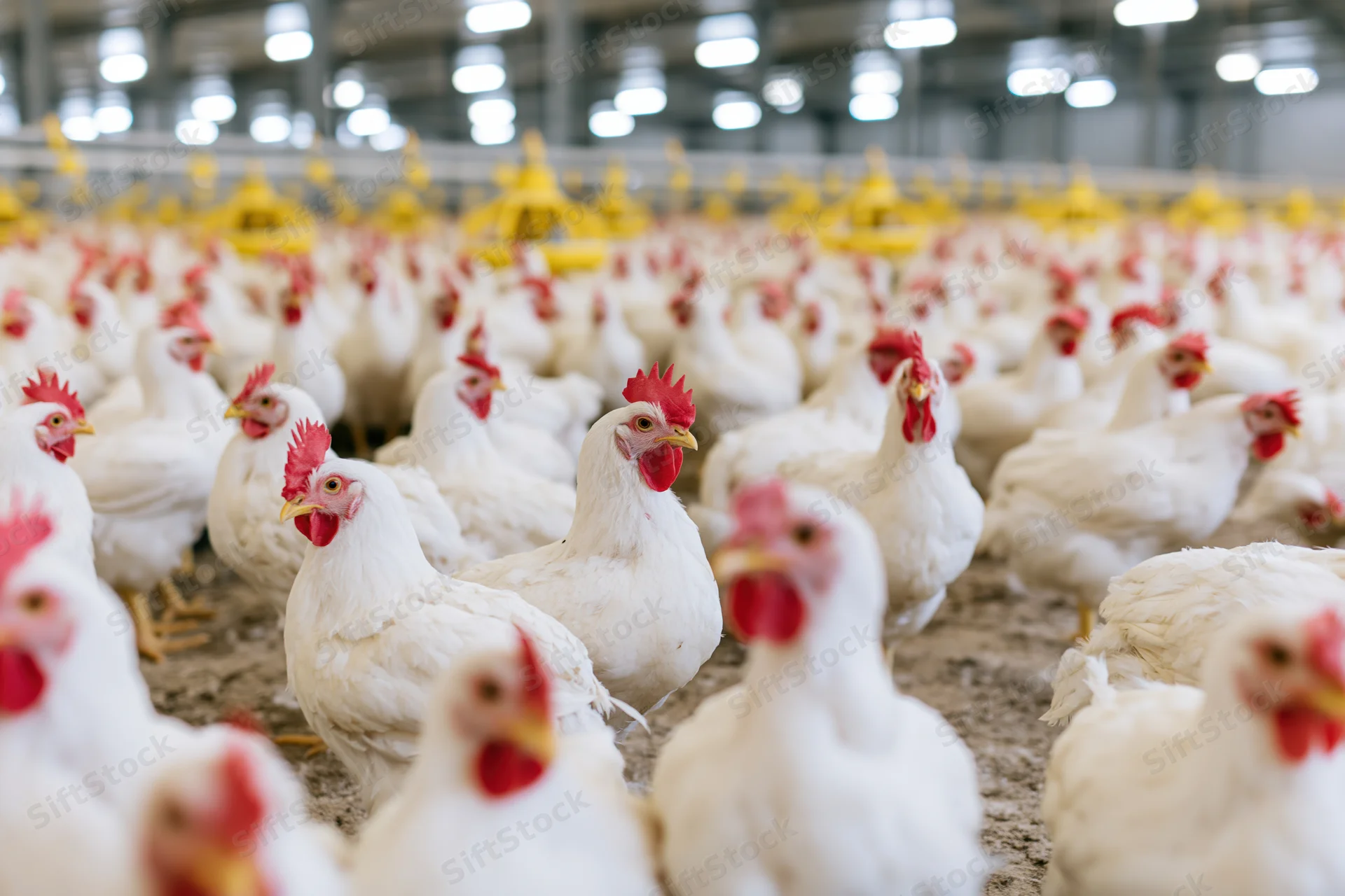 White broiler chickens densely packed in an indoor poultry farm barn