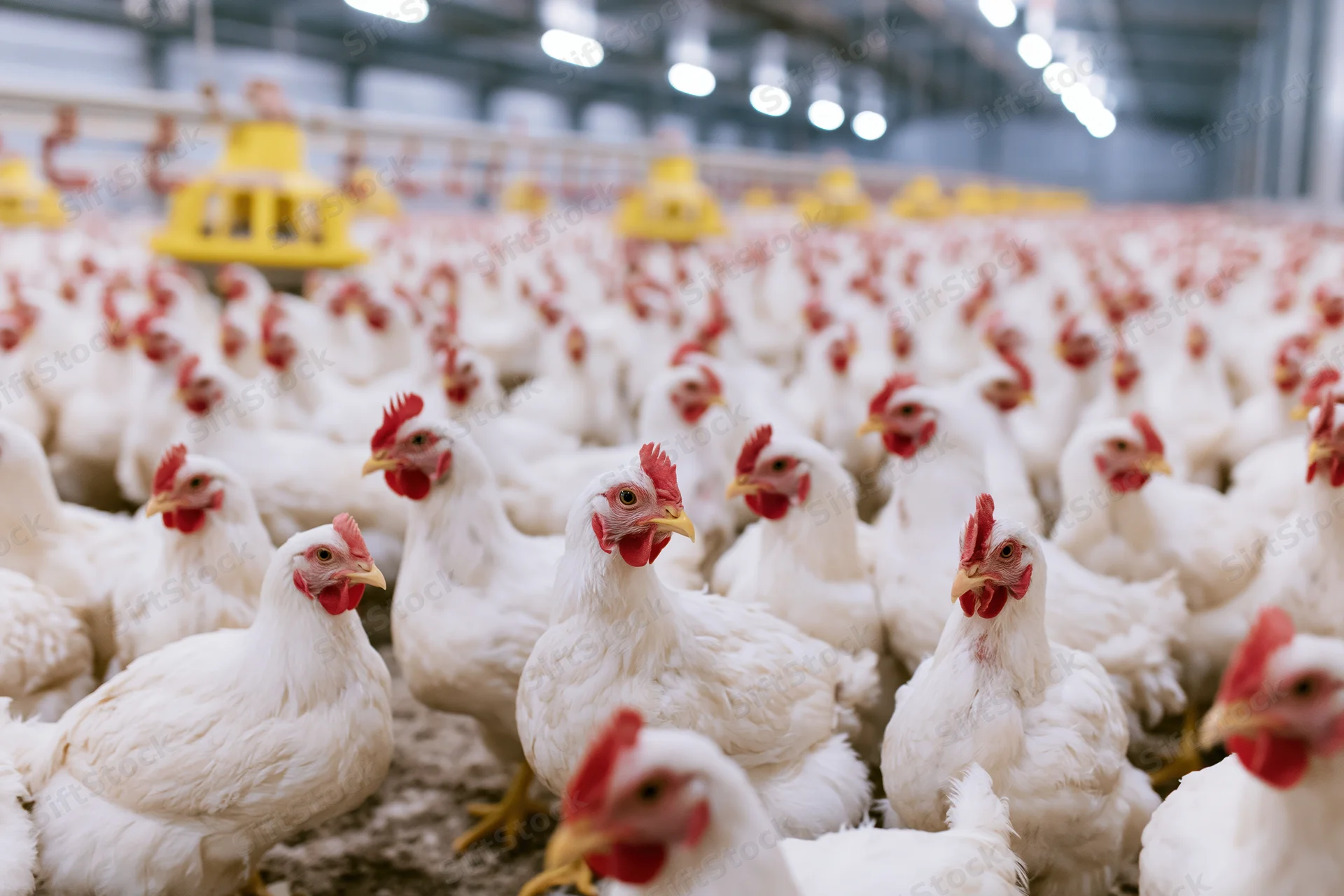White broiler chickens densely packed in an indoor farm facility