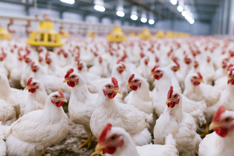 White broiler chickens densely packed in an indoor farm facility