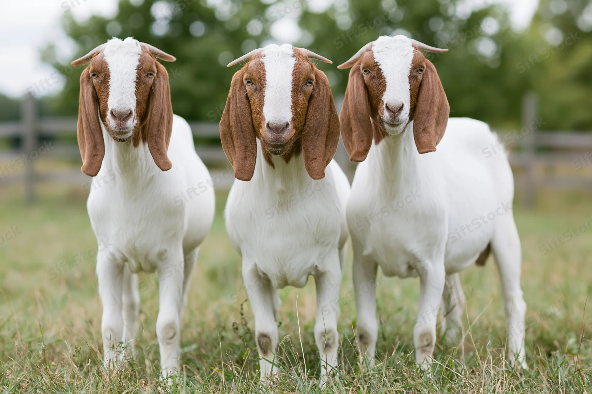 Three boer goats standing in a grassy pasture facing the camera