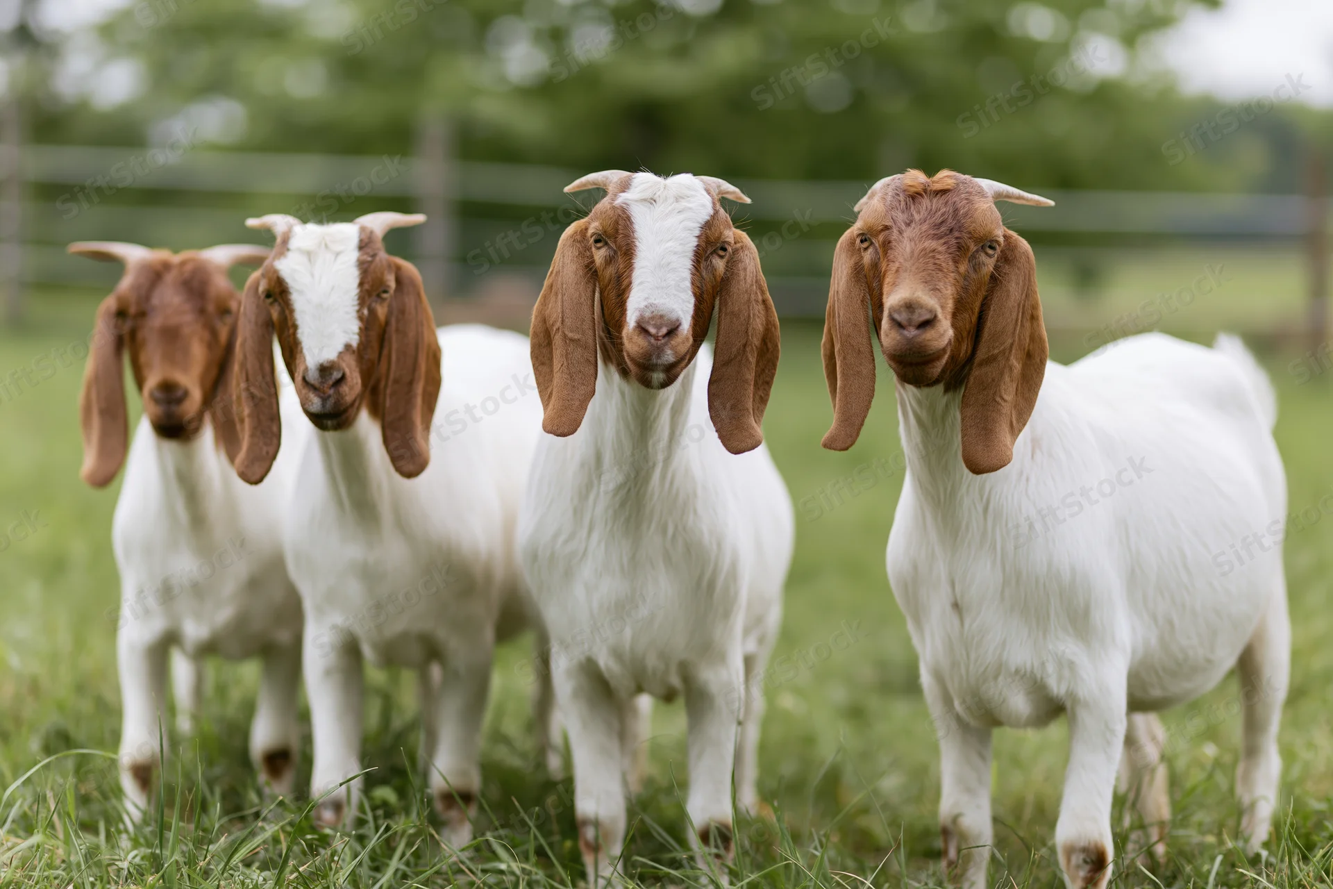 Four boer goats standing in a grassy pasture facing the camera
