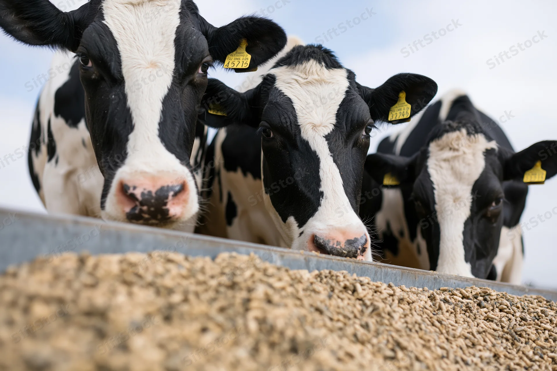 Three holstein dairy cows eating grain feed from a long metal trough outdoors
