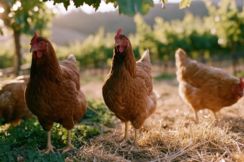 Three brown hens foraging on dry grass and green foliage in a vineyard field