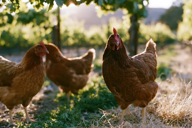 Three brown hens foraging on dry grass and green vegetation in a vineyard setting
