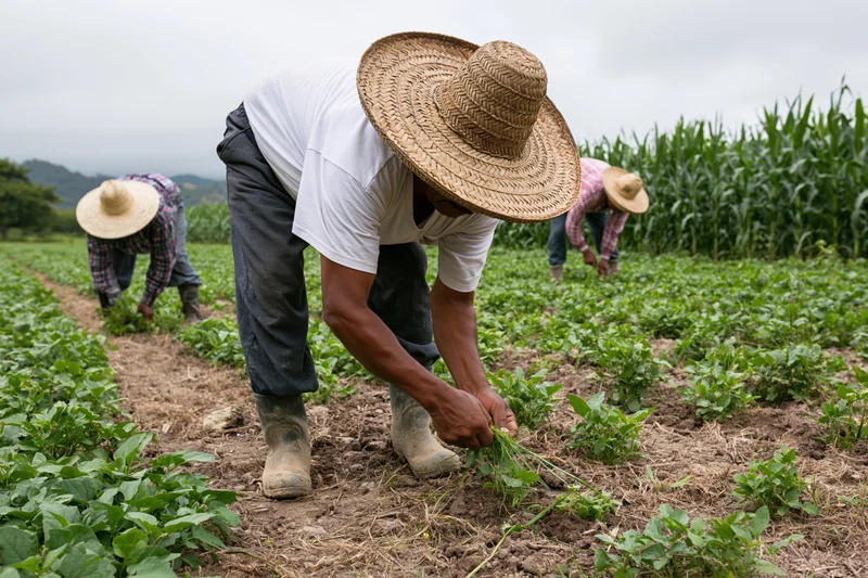 Farmworker hand-weeding rows of green crops in a field