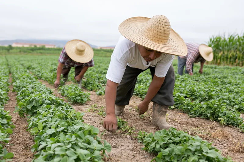 Farmworkers hand-weeding rows of green crops in a field under an overcast sky