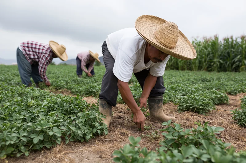Farmworkers hand-weeding rows of green crops in a field