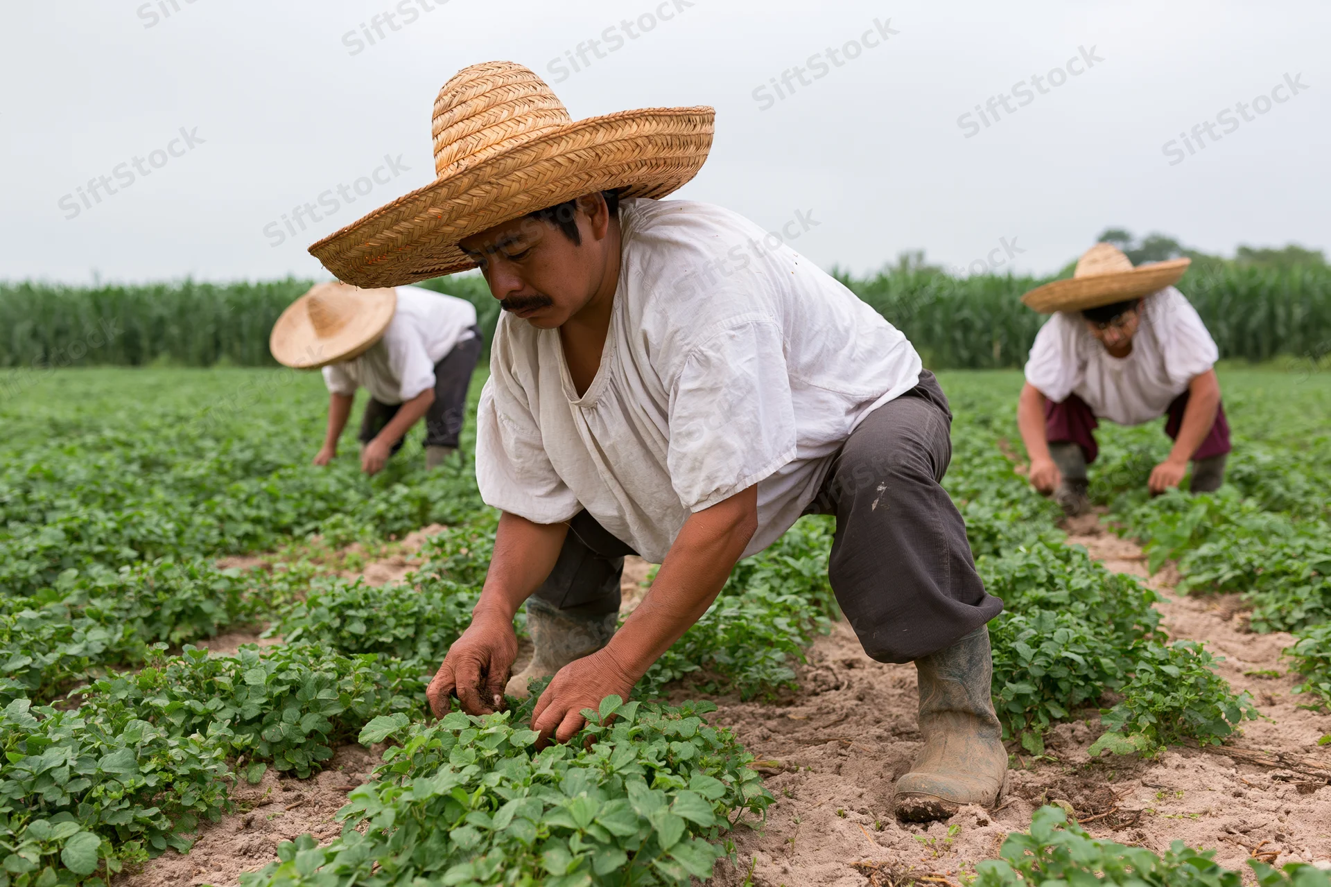 Farmworkers hand-weeding rows of green crops in a field wearing straw hats and work clothes