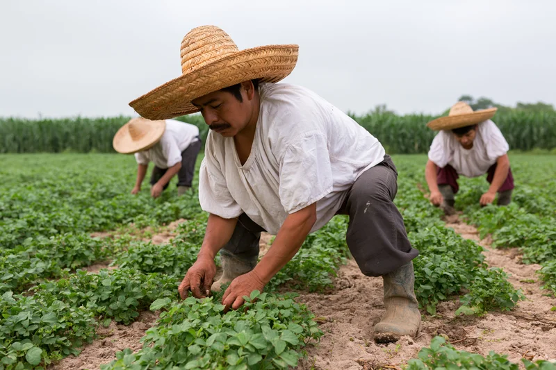 Farmworkers hand-weeding rows of green crops in a field wearing straw hats and work clothes