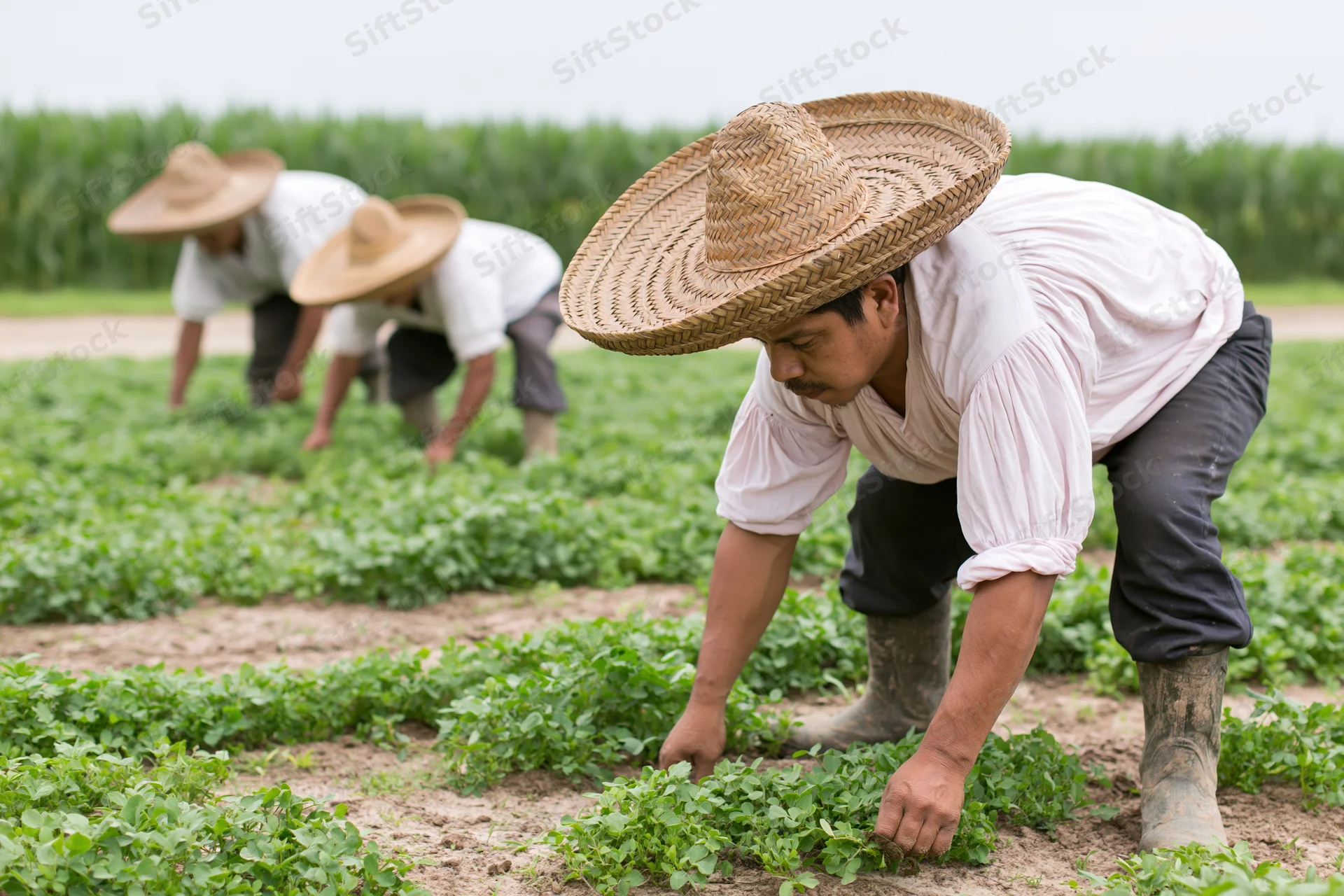 Farmworker hand-weeding rows of green crops in a field wearing straw hat and muddy boots