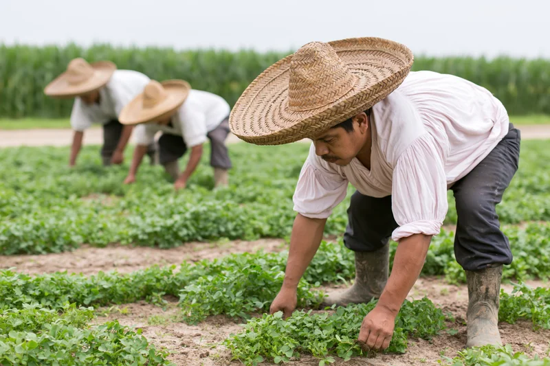 Farmworker hand-weeding rows of green crops in a field wearing straw hat and muddy boots