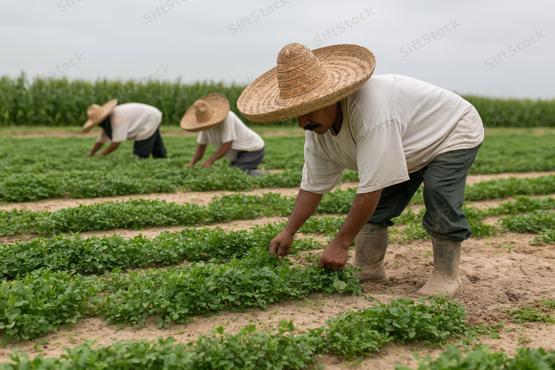 Farmworkers hand-weeding rows of green crops in a field wearing straw hats and rubber boots