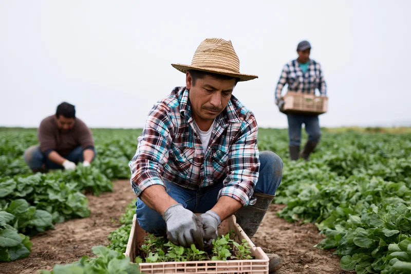 Farmworker harvesting leafy greens in a field wearing straw hat and gloves