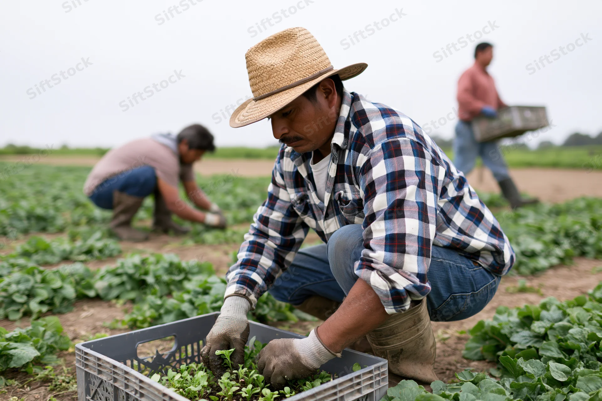 Farmworker harvesting leafy greens in a flat open field wearing straw hat and gloves while filling a crate