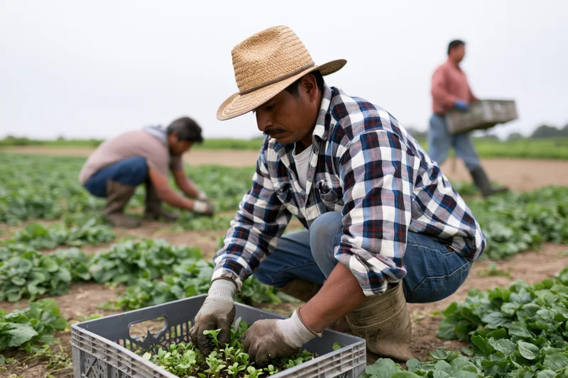 Farmworker harvesting leafy greens in a flat open field wearing straw hat and gloves while filling a crate