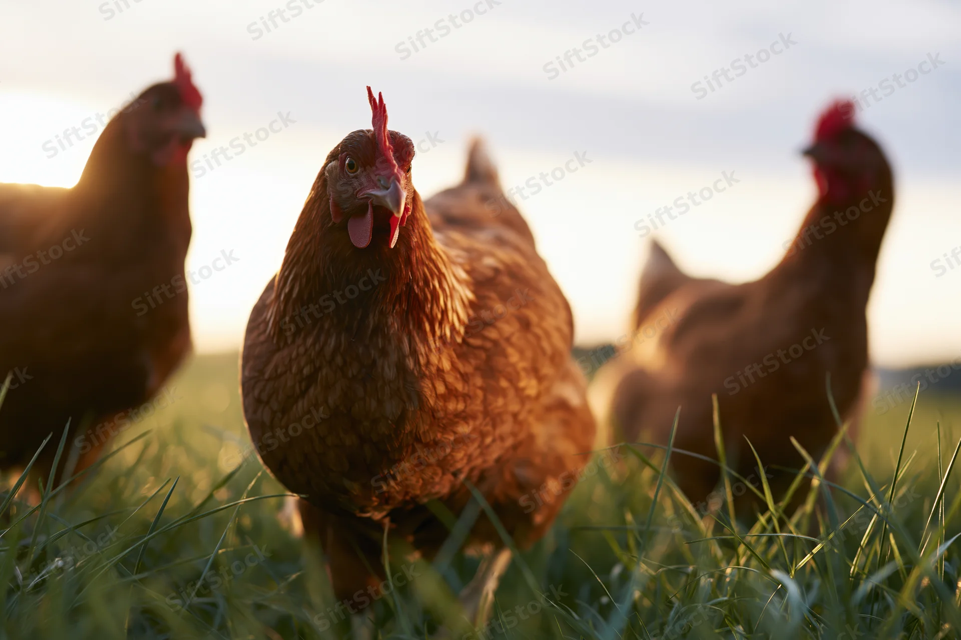 Brown hens foraging in tall green grass at golden hour on a farm field