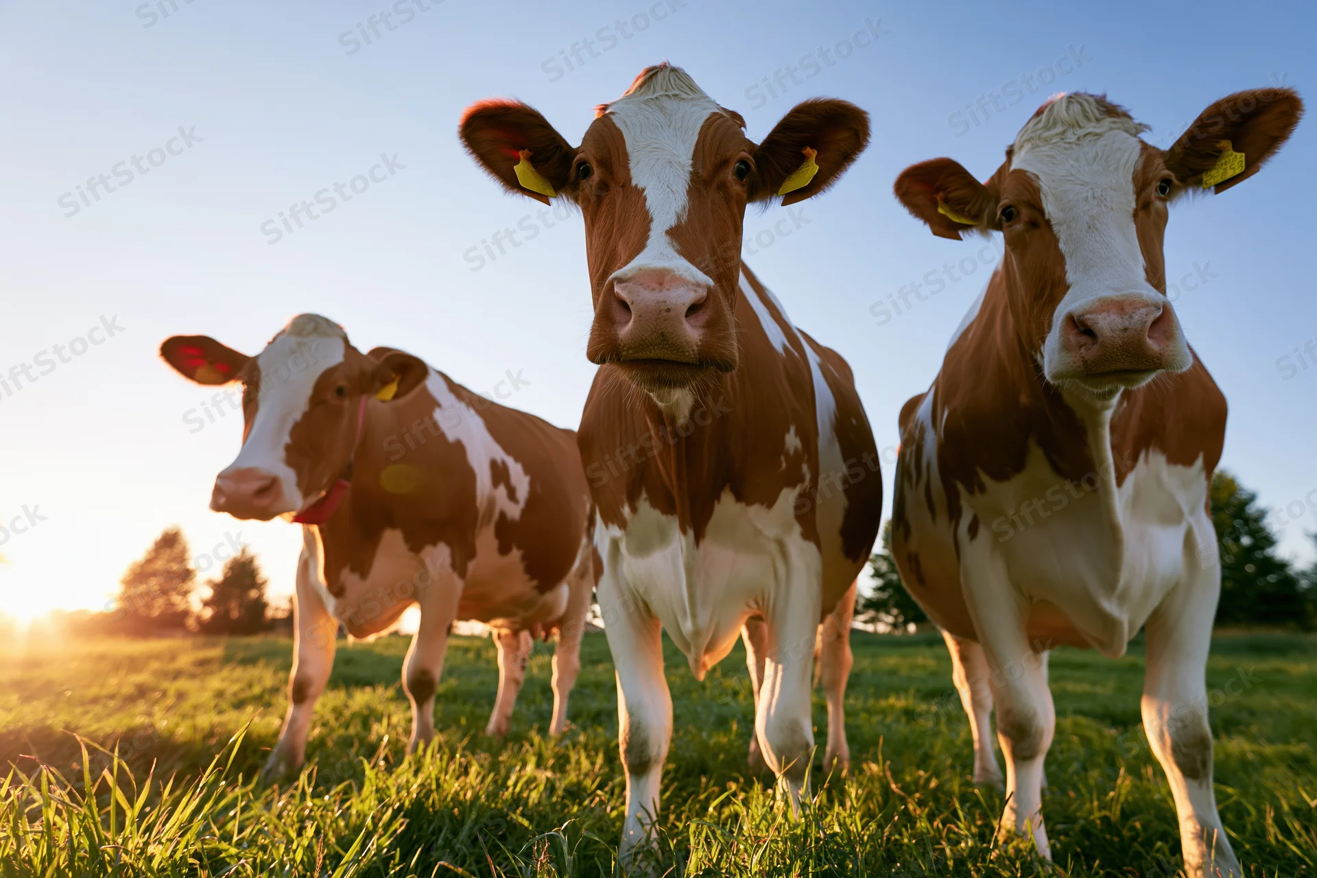 Three red-and-white holstein friesian cows standing in a grassy pasture at sunset
